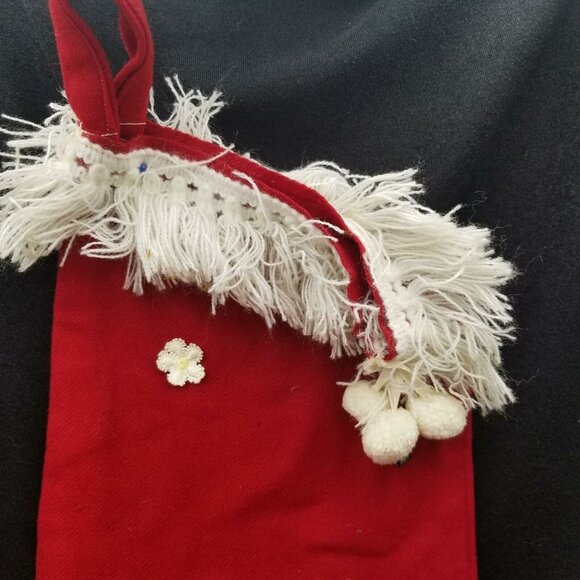 Vintage 60s Kitsch Large Christmas Red Stocking Pixie Blue Hair Hat Bells - Picture 7 of 8